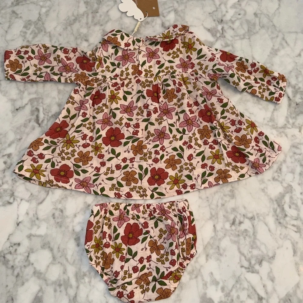 NWT ANGEL DEAR FLORAL NEUTRAL DRESS SET 3/6M
